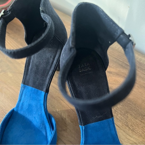 Zara Two-Tone Suede Ankle Strap Pointy Toe 3” Blue Heels - Picture 3 of 8